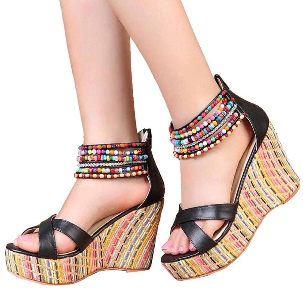 Women's Wedge Sandals With Pearls Across The Top Platform Sandals High Heels